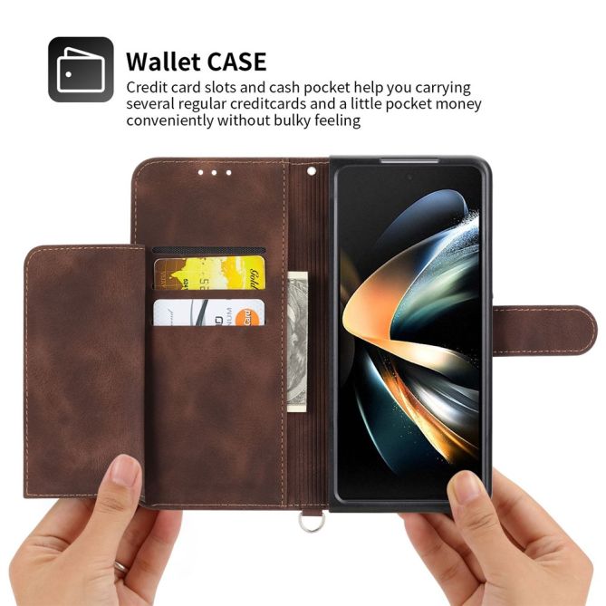 For Samsung Galaxy Z Fold4 5G Imprinted Flowers Skin-touch PU Leather Cover Wallet Stand Folding Phone Case with Shoulder Strap