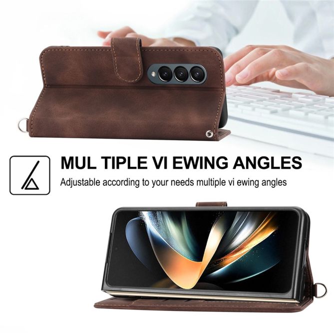 For Samsung Galaxy Z Fold4 5G Imprinted Flowers Skin-touch PU Leather Cover Wallet Stand Folding Phone Case with Shoulder Strap
