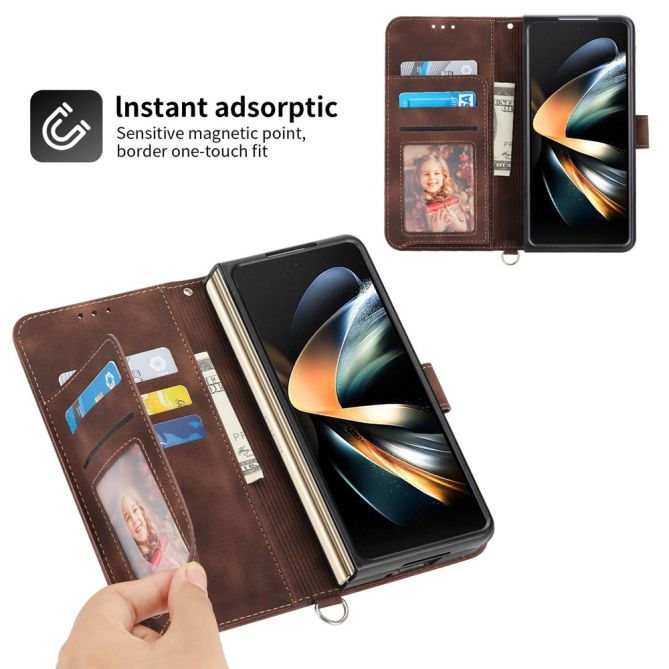 For Samsung Galaxy Z Fold4 5G Imprinted Flowers Skin-touch PU Leather Cover Wallet Stand Folding Phone Case with Shoulder Strap