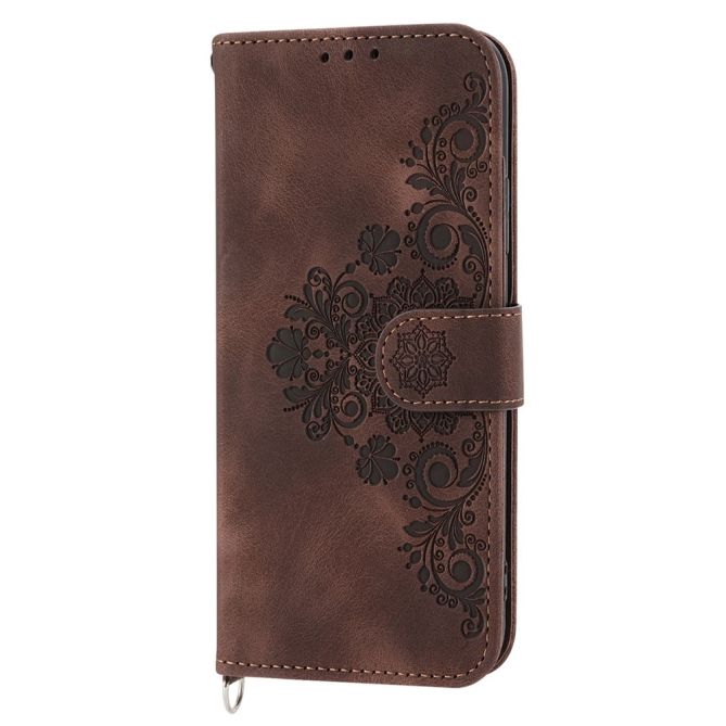 For Samsung Galaxy Z Fold4 5G Imprinted Flowers Skin-touch PU Leather Cover Wallet Stand Folding Phone Case with Shoulder Strap