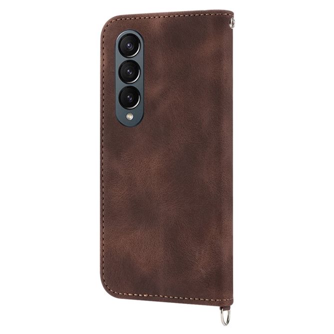 For Samsung Galaxy Z Fold4 5G Imprinted Flowers Skin-touch PU Leather Cover Wallet Stand Folding Phone Case with Shoulder Strap