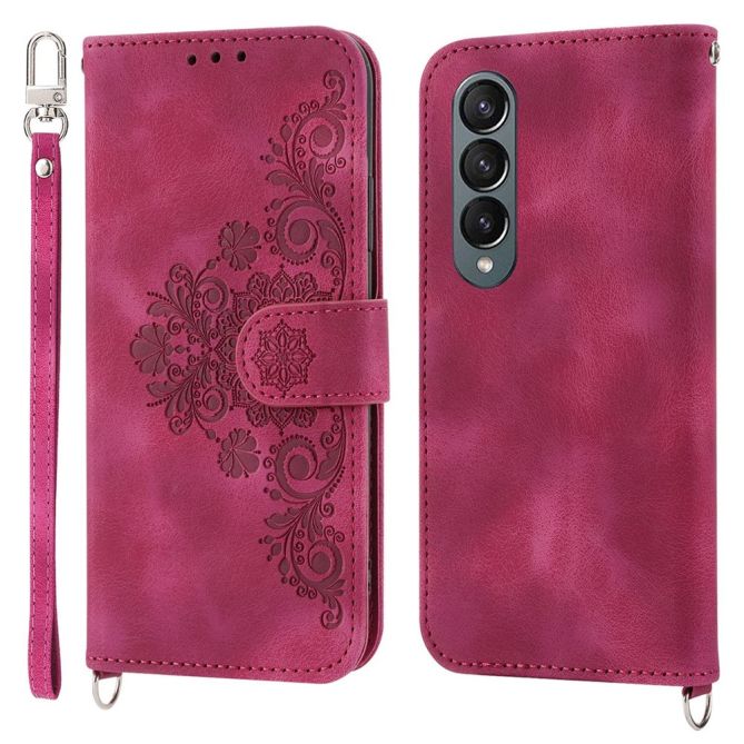 For Samsung Galaxy Z Fold4 5G Imprinted Flowers Skin-touch PU Leather Cover Wallet Stand Folding Phone Case with Shoulder Strap