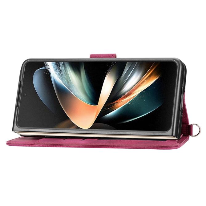 For Samsung Galaxy Z Fold4 5G Imprinted Flowers Skin-touch PU Leather Cover Wallet Stand Folding Phone Case with Shoulder Strap