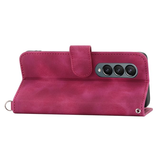 For Samsung Galaxy Z Fold4 5G Imprinted Flowers Skin-touch PU Leather Cover Wallet Stand Folding Phone Case with Shoulder Strap