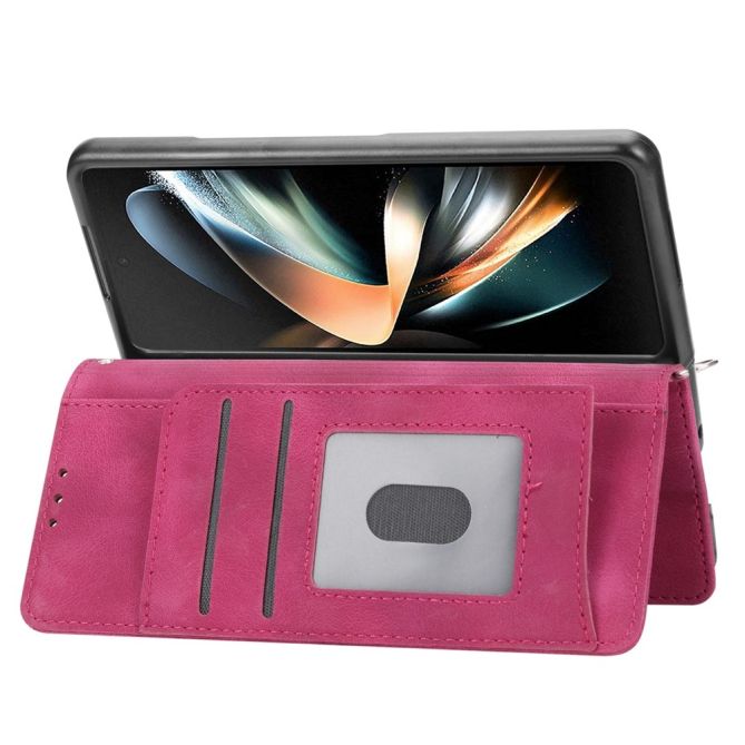 For Samsung Galaxy Z Fold4 5G Imprinted Flowers Skin-touch PU Leather Cover Wallet Stand Folding Phone Case with Shoulder Strap