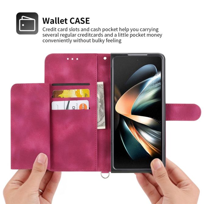 For Samsung Galaxy Z Fold4 5G Imprinted Flowers Skin-touch PU Leather Cover Wallet Stand Folding Phone Case with Shoulder Strap