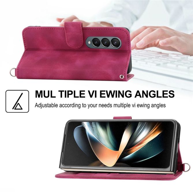 For Samsung Galaxy Z Fold4 5G Imprinted Flowers Skin-touch PU Leather Cover Wallet Stand Folding Phone Case with Shoulder Strap