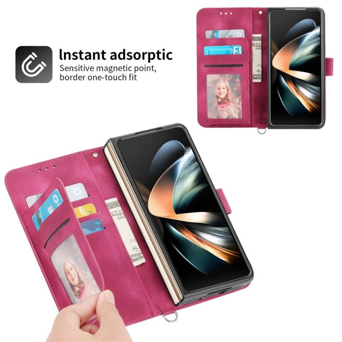 For Samsung Galaxy Z Fold4 5G Imprinted Flowers Skin-touch PU Leather Cover Wallet Stand Folding Phone Case with Shoulder Strap