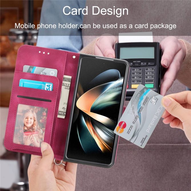 For Samsung Galaxy Z Fold4 5G Imprinted Flowers Skin-touch PU Leather Cover Wallet Stand Folding Phone Case with Shoulder Strap