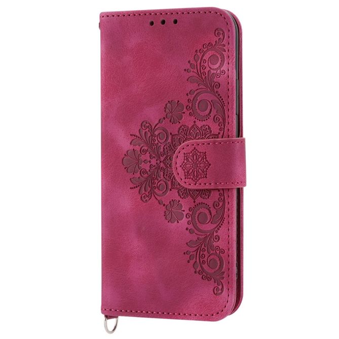 For Samsung Galaxy Z Fold4 5G Imprinted Flowers Skin-touch PU Leather Cover Wallet Stand Folding Phone Case with Shoulder Strap