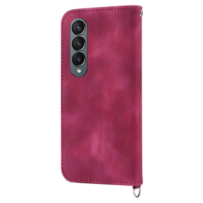 For Samsung Galaxy Z Fold4 5G Imprinted Flowers Skin-touch PU Leather Cover Wallet Stand Folding Phone Case with Shoulder Strap