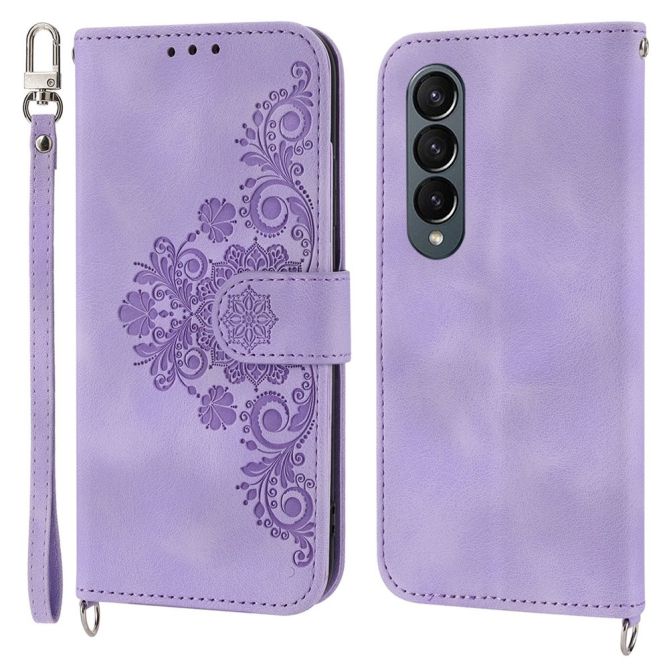For Samsung Galaxy Z Fold4 5G Imprinted Flowers Skin-touch PU Leather Cover Wallet Stand Folding Phone Case with Shoulder Strap