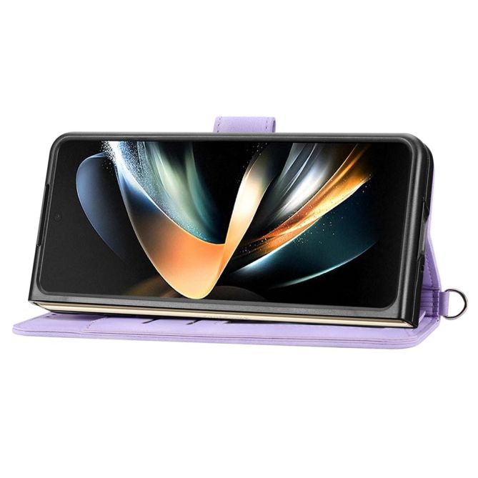For Samsung Galaxy Z Fold4 5G Imprinted Flowers Skin-touch PU Leather Cover Wallet Stand Folding Phone Case with Shoulder Strap