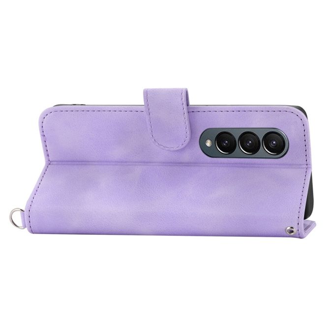 For Samsung Galaxy Z Fold4 5G Imprinted Flowers Skin-touch PU Leather Cover Wallet Stand Folding Phone Case with Shoulder Strap
