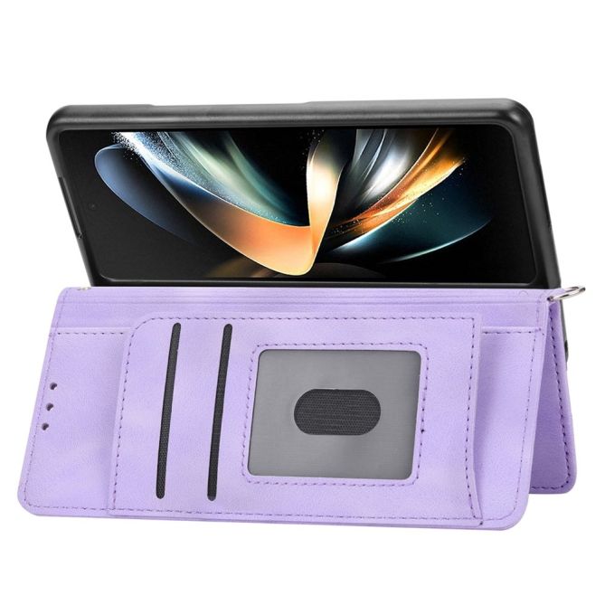 For Samsung Galaxy Z Fold4 5G Imprinted Flowers Skin-touch PU Leather Cover Wallet Stand Folding Phone Case with Shoulder Strap