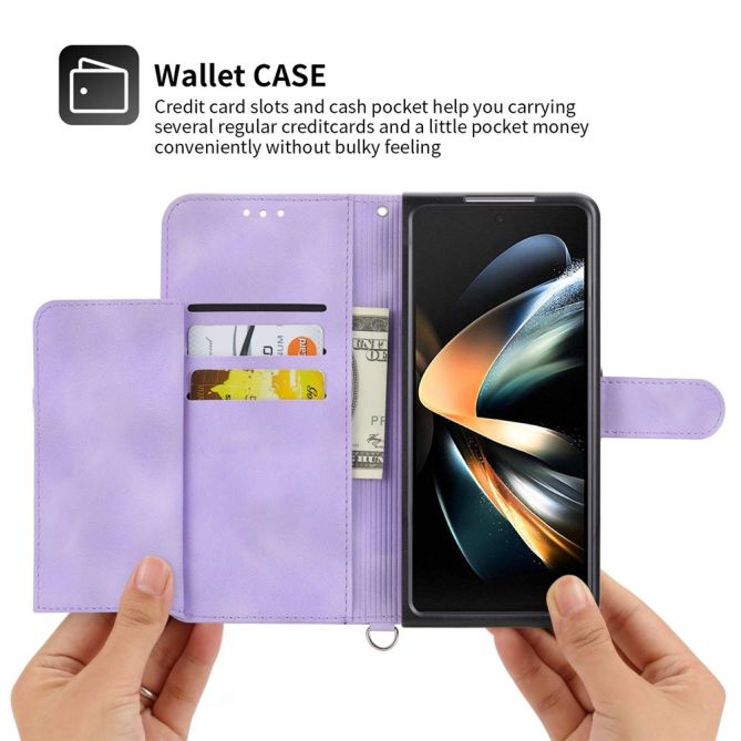 For Samsung Galaxy Z Fold4 5G Imprinted Flowers Skin-touch PU Leather Cover Wallet Stand Folding Phone Case with Shoulder Strap