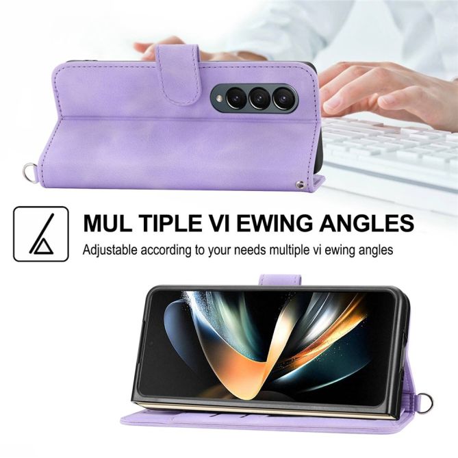 For Samsung Galaxy Z Fold4 5G Imprinted Flowers Skin-touch PU Leather Cover Wallet Stand Folding Phone Case with Shoulder Strap
