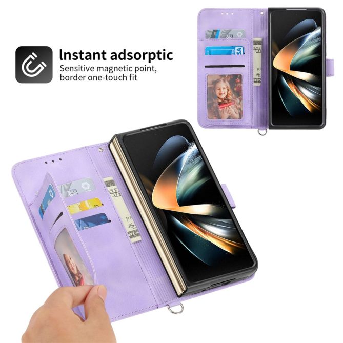 For Samsung Galaxy Z Fold4 5G Imprinted Flowers Skin-touch PU Leather Cover Wallet Stand Folding Phone Case with Shoulder Strap