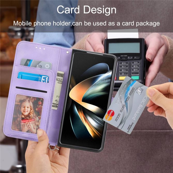 For Samsung Galaxy Z Fold4 5G Imprinted Flowers Skin-touch PU Leather Cover Wallet Stand Folding Phone Case with Shoulder Strap