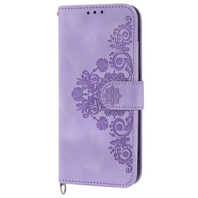 For Samsung Galaxy Z Fold4 5G Imprinted Flowers Skin-touch PU Leather Cover Wallet Stand Folding Phone Case with Shoulder Strap