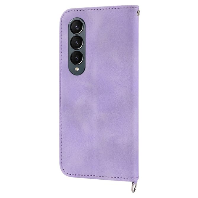 For Samsung Galaxy Z Fold4 5G Imprinted Flowers Skin-touch PU Leather Cover Wallet Stand Folding Phone Case with Shoulder Strap