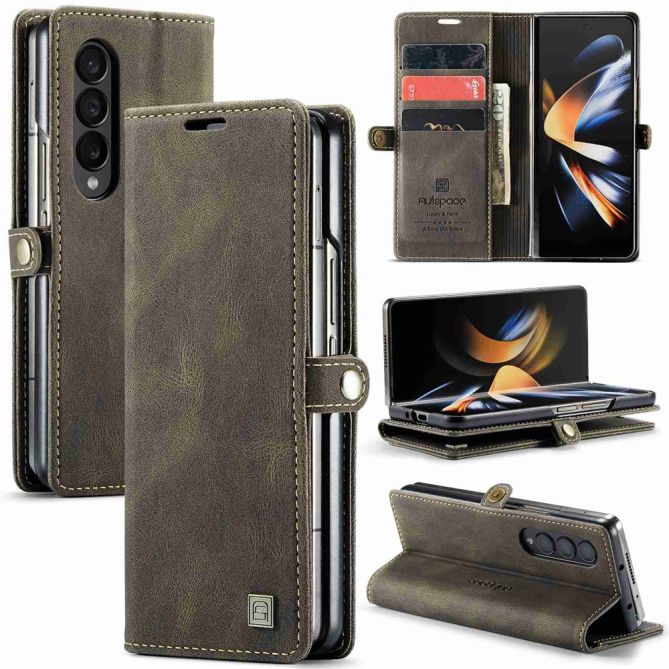 AUTSPACE A01 Series Phone Case for Samsung Galaxy Z Fold4 5G PU Leather Protective Case Magnetic Closure Vintage Matte Wallet St