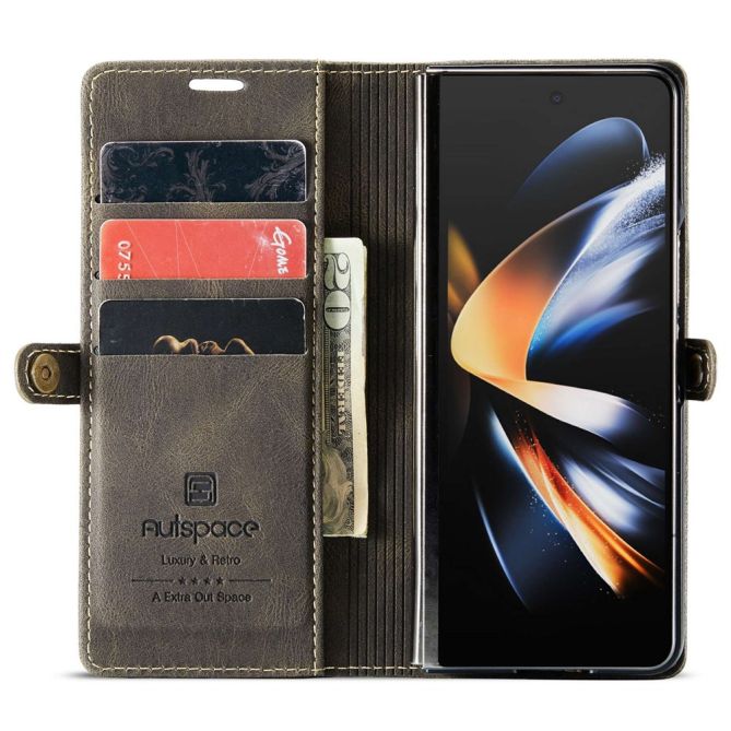 AUTSPACE A01 Series Phone Case for Samsung Galaxy Z Fold4 5G PU Leather Protective Case Magnetic Closure Vintage Matte Wallet St