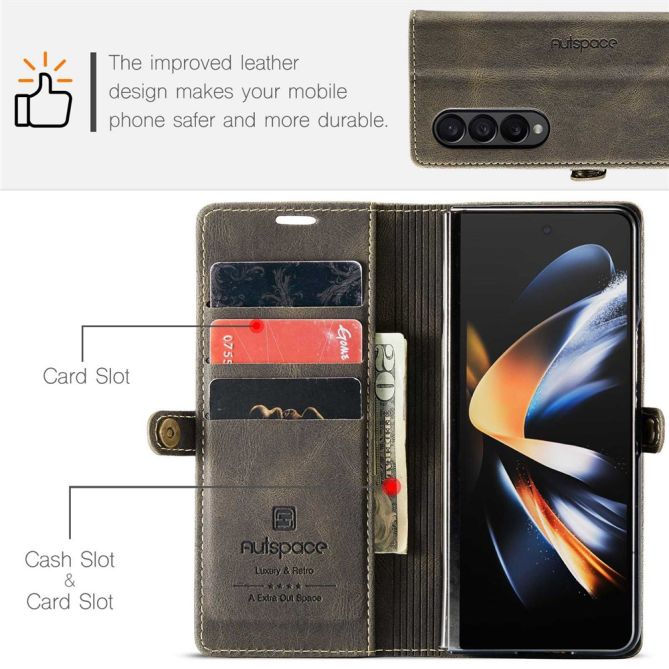 AUTSPACE A01 Series Phone Case for Samsung Galaxy Z Fold4 5G PU Leather Protective Case Magnetic Closure Vintage Matte Wallet St