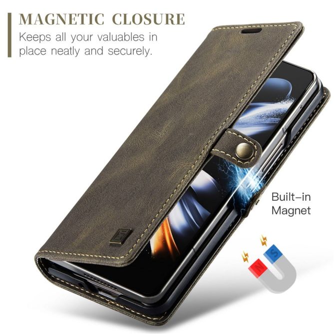AUTSPACE A01 Series Phone Case for Samsung Galaxy Z Fold4 5G PU Leather Protective Case Magnetic Closure Vintage Matte Wallet St
