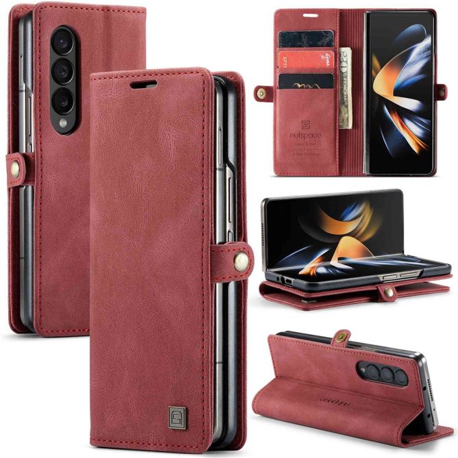 AUTSPACE A01 Series Phone Case for Samsung Galaxy Z Fold4 5G PU Leather Protective Case Magnetic Closure Vintage Matte Wallet St