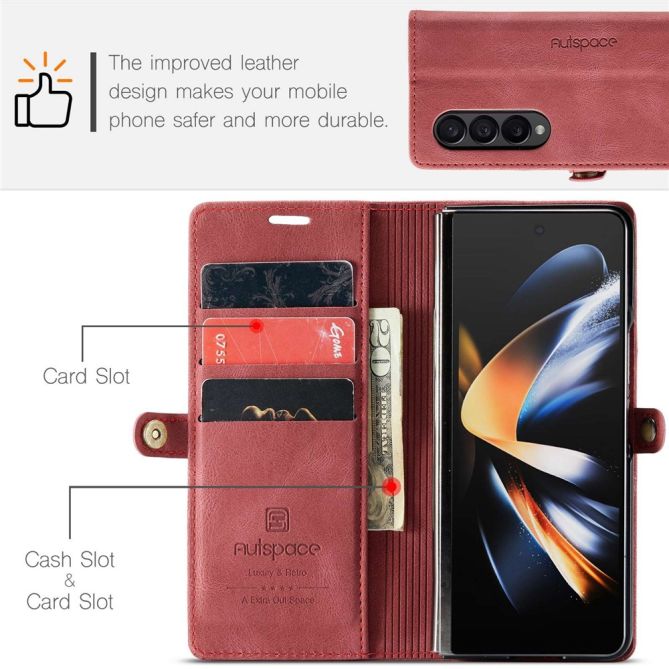 AUTSPACE A01 Series Phone Case for Samsung Galaxy Z Fold4 5G PU Leather Protective Case Magnetic Closure Vintage Matte Wallet St