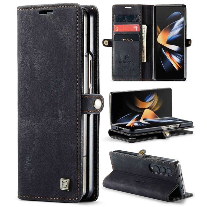 AUTSPACE A01 Series Phone Case for Samsung Galaxy Z Fold4 5G PU Leather Protective Case Magnetic Closure Vintage Matte Wallet St