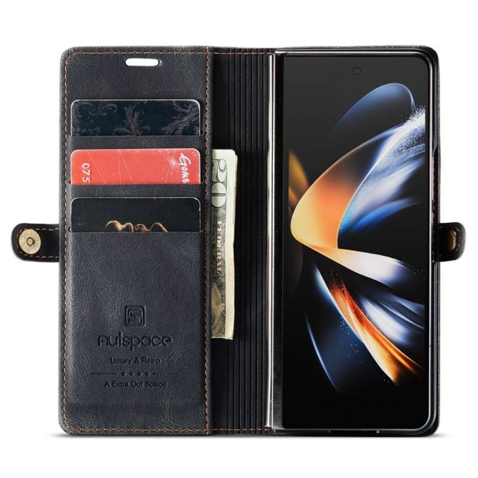 AUTSPACE A01 Series Phone Case for Samsung Galaxy Z Fold4 5G PU Leather Protective Case Magnetic Closure Vintage Matte Wallet St