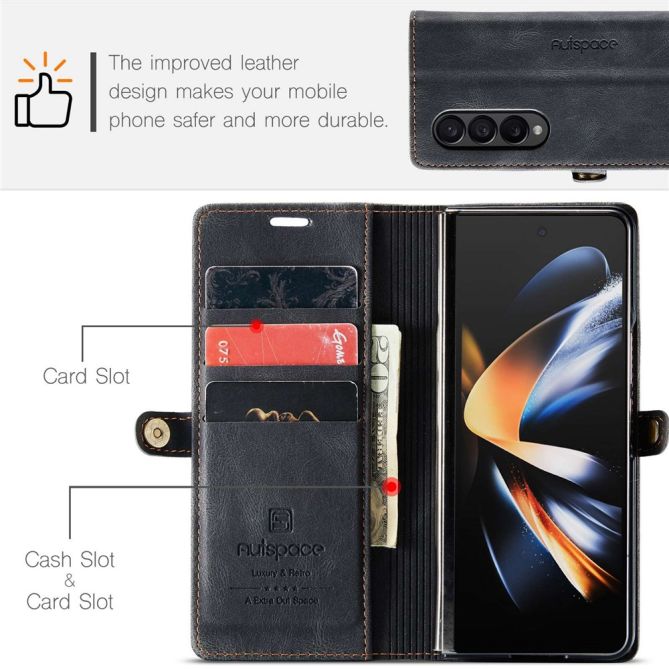 AUTSPACE A01 Series Phone Case for Samsung Galaxy Z Fold4 5G PU Leather Protective Case Magnetic Closure Vintage Matte Wallet St