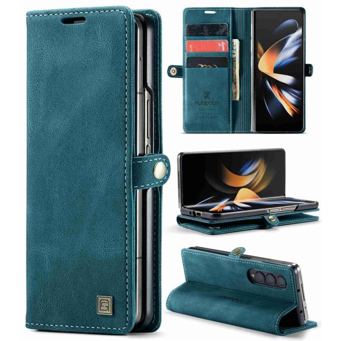 AUTSPACE A01 Series Phone Case for Samsung Galaxy Z Fold4 5G PU Leather Protective Case Magnetic Closure Vintage Matte Wallet St
