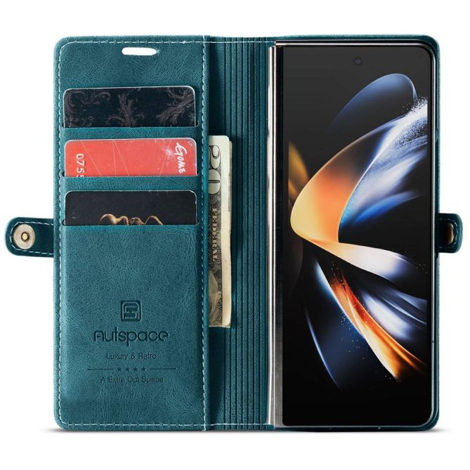 AUTSPACE A01 Series Phone Case for Samsung Galaxy Z Fold4 5G PU Leather Protective Case Magnetic Closure Vintage Matte Wallet St