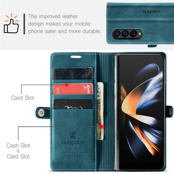 AUTSPACE A01 Series Phone Case for Samsung Galaxy Z Fold4 5G PU Leather Protective Case Magnetic Closure Vintage Matte Wallet St