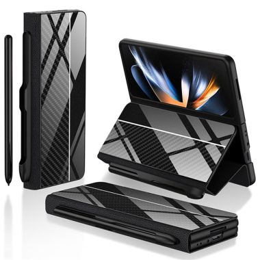 GKK For Samsung Galaxy Z Fold4 5G Case Leather+Tempered Glass+PC Pattern Phone Cover with Pen Slot
