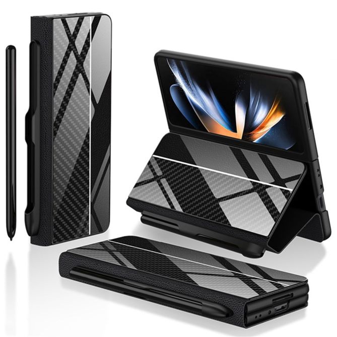 GKK For Samsung Galaxy Z Fold4 5G Case Leather+Tempered Glass+PC Pattern Phone Cover with Pen Slot