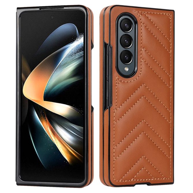 For Samsung Galaxy Z Fold4 5G PU Leather + PC Phone Case V-Shape Stitching Shockproof Folding Cover