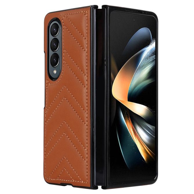 For Samsung Galaxy Z Fold4 5G PU Leather + PC Phone Case V-Shape Stitching Shockproof Folding Cover