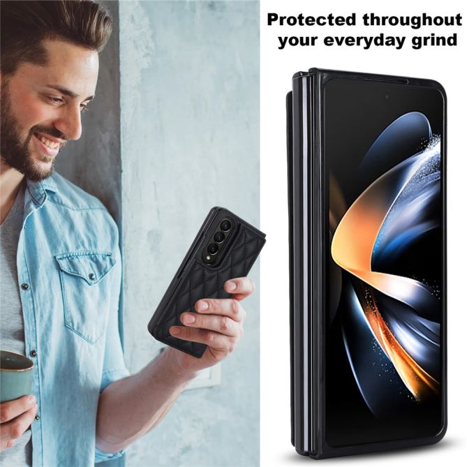 ZD020 Kickstand Phone Case for Samsung Galaxy Z Fold4 5G , Stitching Rhombus PU Leather+PC Card Slots Cover