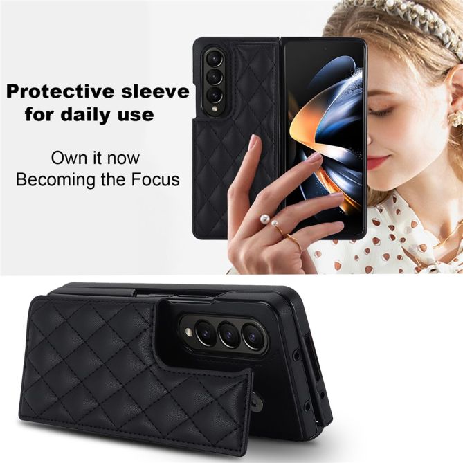 ZD020 Kickstand Phone Case for Samsung Galaxy Z Fold4 5G , Stitching Rhombus PU Leather+PC Card Slots Cover