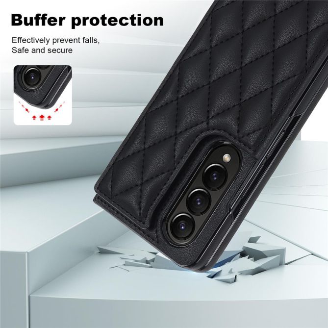 ZD020 Kickstand Phone Case for Samsung Galaxy Z Fold4 5G , Stitching Rhombus PU Leather+PC Card Slots Cover