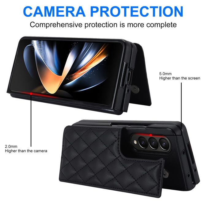 ZD020 Kickstand Phone Case for Samsung Galaxy Z Fold4 5G , Stitching Rhombus PU Leather+PC Card Slots Cover