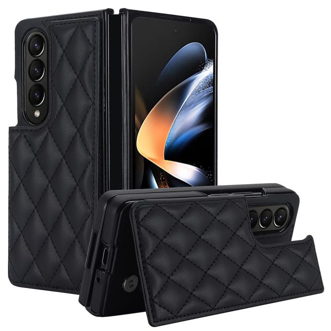 ZD020 Kickstand Phone Case for Samsung Galaxy Z Fold4 5G , Stitching Rhombus PU Leather+PC Card Slots Cover