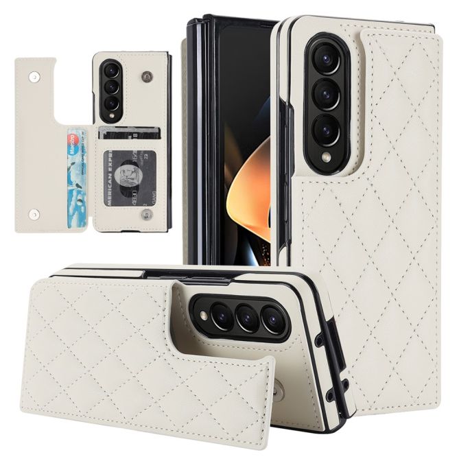 ZD020 Kickstand Phone Case for Samsung Galaxy Z Fold4 5G , Stitching Rhombus PU Leather+PC Card Slots Cover
