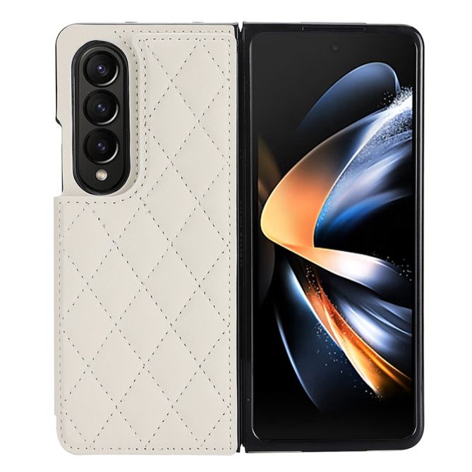 ZD020 Kickstand Phone Case for Samsung Galaxy Z Fold4 5G , Stitching Rhombus PU Leather+PC Card Slots Cover