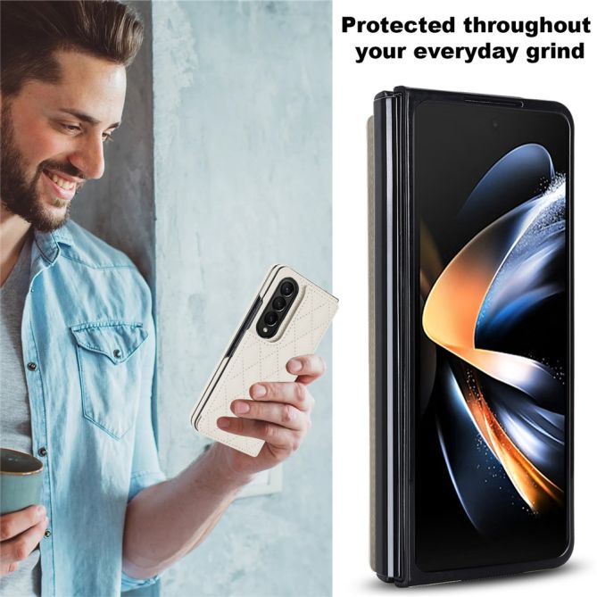 ZD020 Kickstand Phone Case for Samsung Galaxy Z Fold4 5G , Stitching Rhombus PU Leather+PC Card Slots Cover