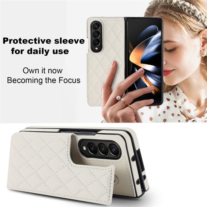 ZD020 Kickstand Phone Case for Samsung Galaxy Z Fold4 5G , Stitching Rhombus PU Leather+PC Card Slots Cover